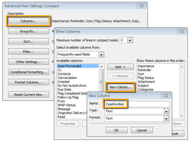 Setup email columns in Exchange